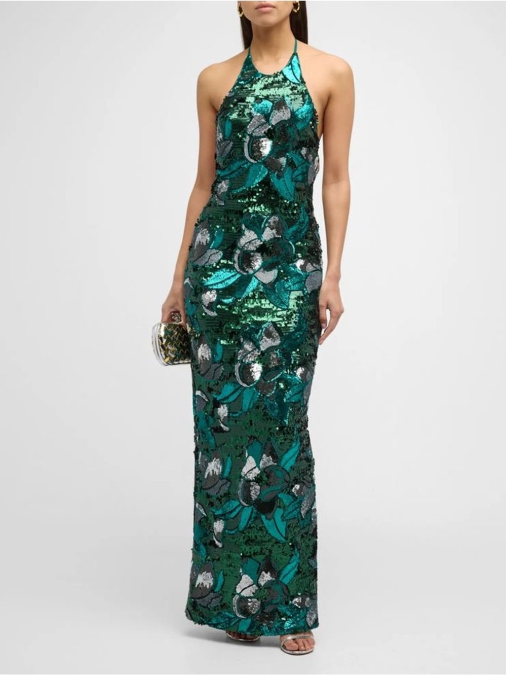 NWOT HELSI Uma Backless Green Sequin Floral Halter Gown sz S